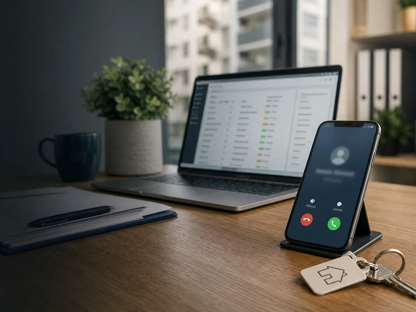 Telefonanruf auf einem Schreibtisch der Hausverwaltung als Kontext für einen bekannten Mieter