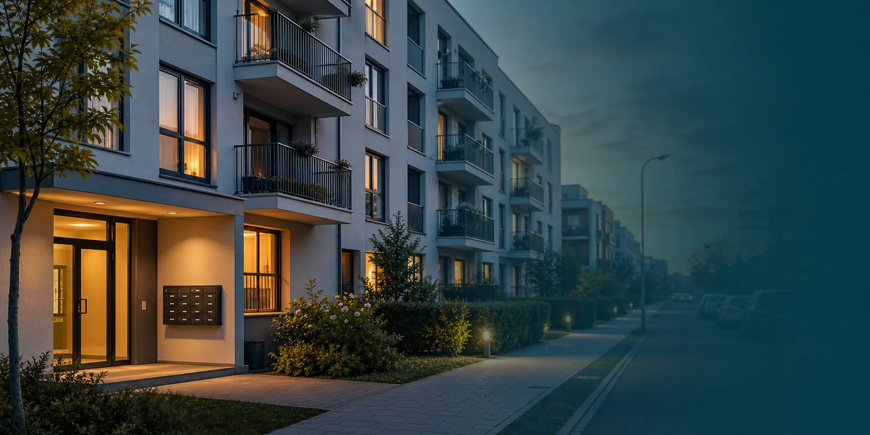 Modernes Wohngebäude als Hintergrund für Hausverwaltungskommunikation