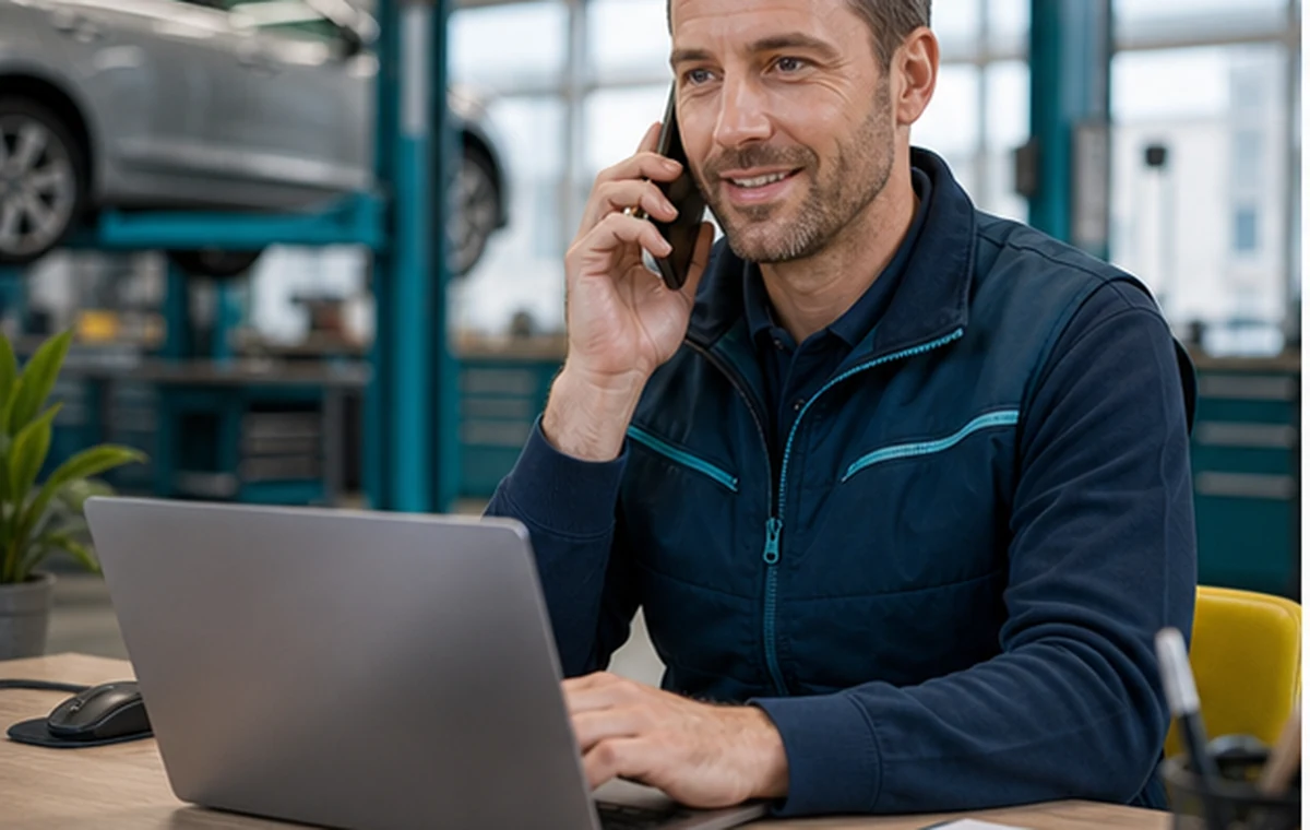Autohaus-Serviceannahme mit Laptop, Telefon und Werkstatt im Hintergrund