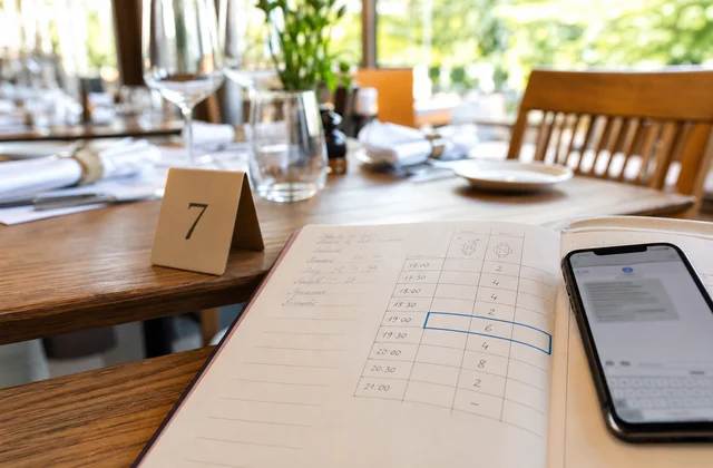 Restaurant nimmt eine Gruppenreservierung mit Uhrzeit, Personen und Anlass strukturiert auf