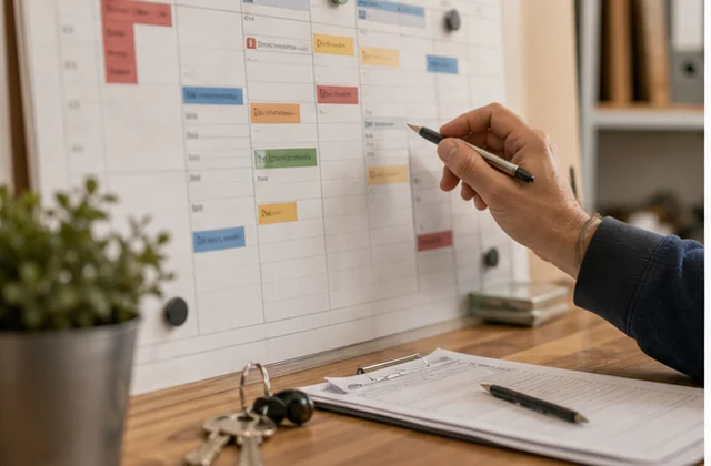 Termin- und Einsatzplanung im Handwerksbüro mit Kalender, Unterlagen und Laptop
