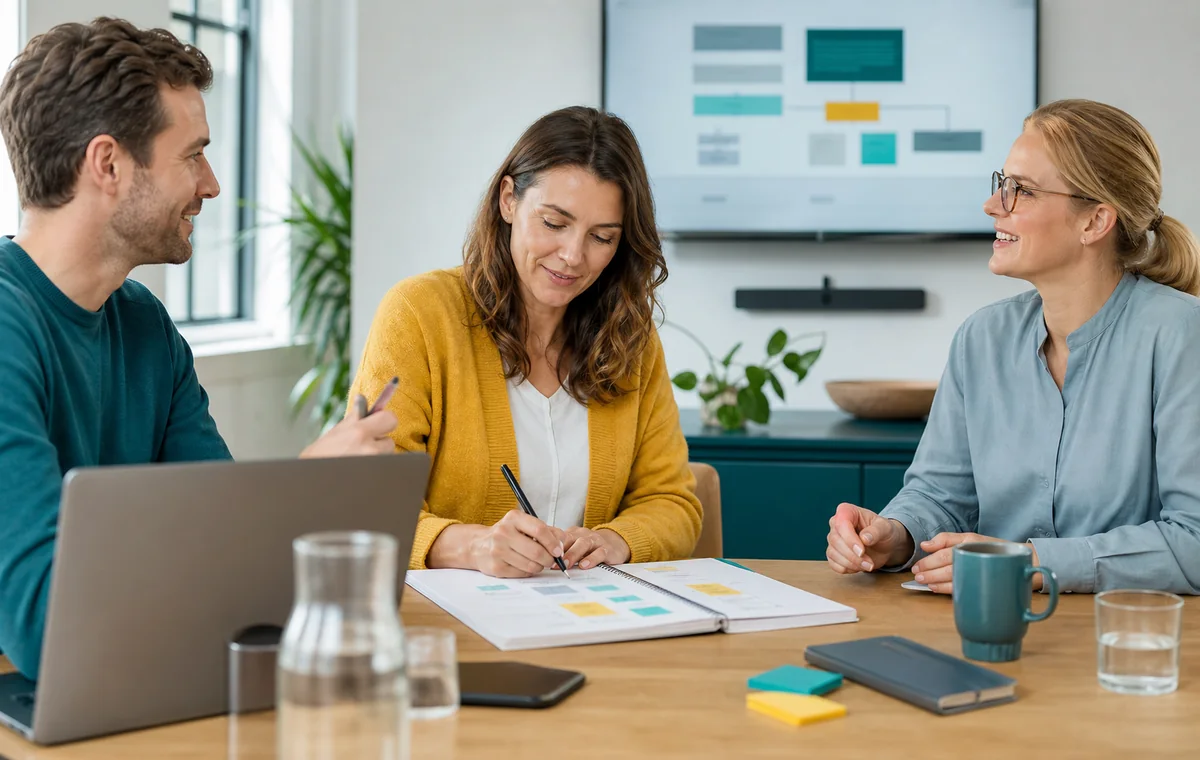 Besprechungsraum mit Protokoll, Aufgabenliste und Meetingnotizen