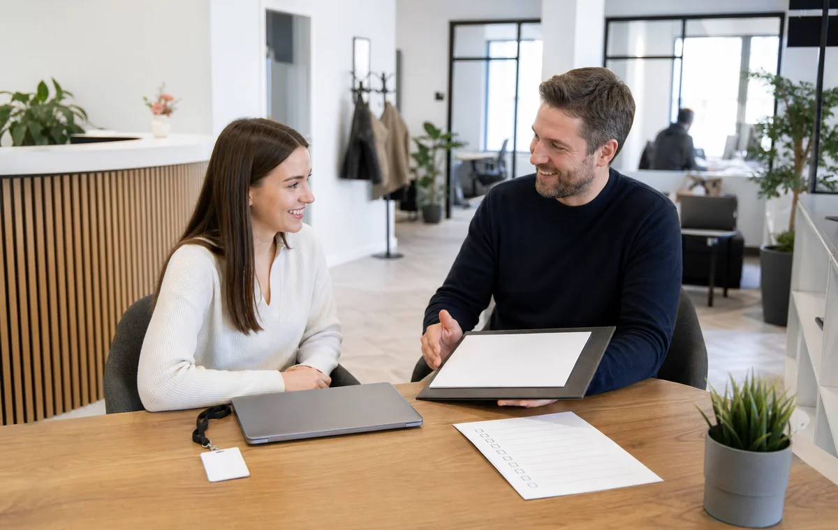 Onboarding-Situation mit Laptop, Checkliste, Ausweis und Begrüßungsnachricht