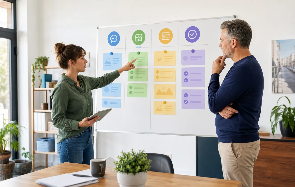Arbeitsplatz mit Unternehmensprofilen, Bewertungen und Sichtbarkeitsdaten