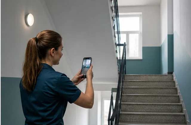 Treppenhaus oder Objektbereich wird per Smartphone-Foto für eine Reinigungsanfrage dokumentiert