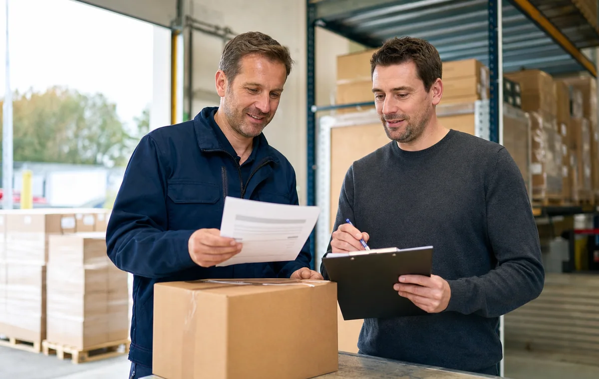 Wareneingang mit Lieferschein, beschädigter Verpackung, Bestellung und Prüfnotiz