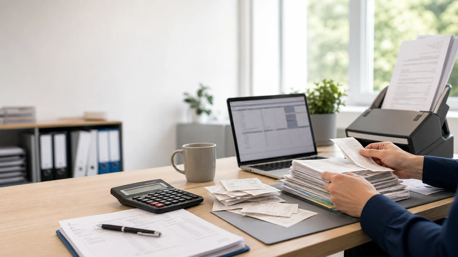 Steuerbüro-Arbeitsplatz mit Belegen, Scanner, Ordnern und Laptop für die Vorbereitung von Mandantenunterlagen
