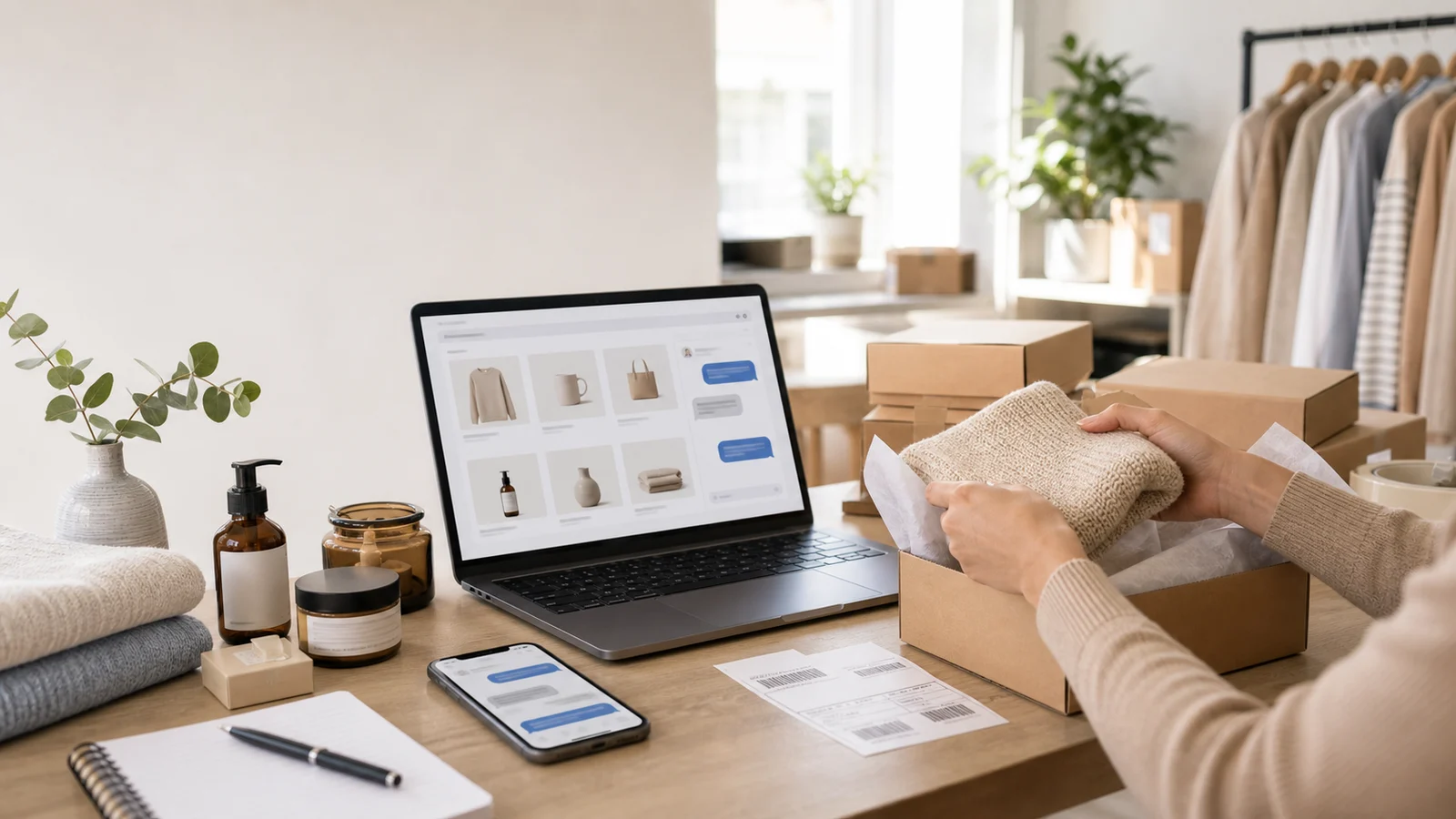 E-Commerce-Arbeitsplatz mit Paket, Produktmustern, Laptop und Chat-Kontext für Website-Support