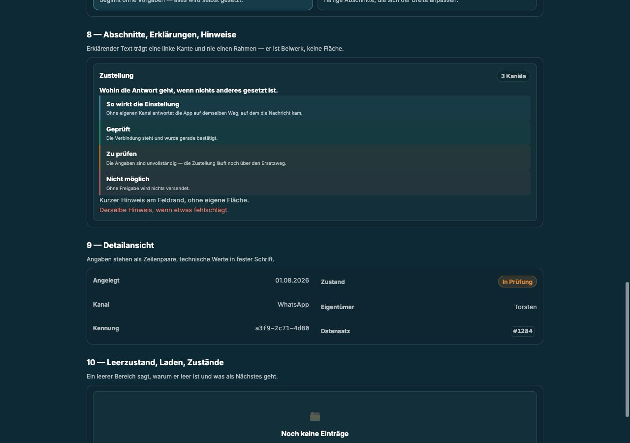 AE Web App zeigt Zustellkanal, Prüfstatus, Eigentümer und Datensatzkennung