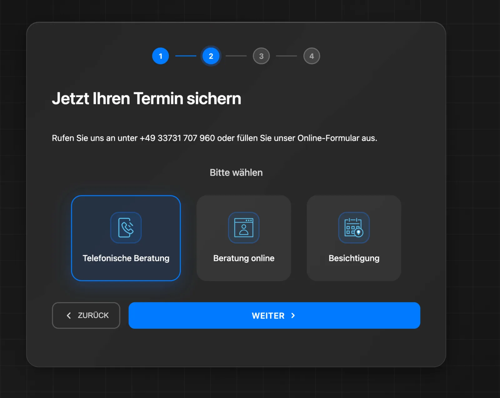 Screenshot: Auswahl der Beratungsart – telefonische Beratung, Beratung online oder Besichtigung